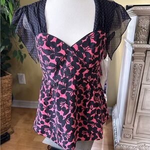 Nanette Lepore 100% Silk Cherry Print Top Size 6 Raspberry Pink Black